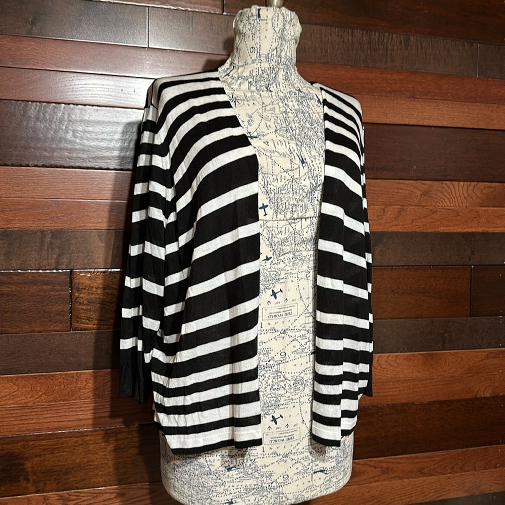 Worthington Open Front 3/4 Sleeve Black and White Striped Cardigan Sweater - Picture 2 of 10